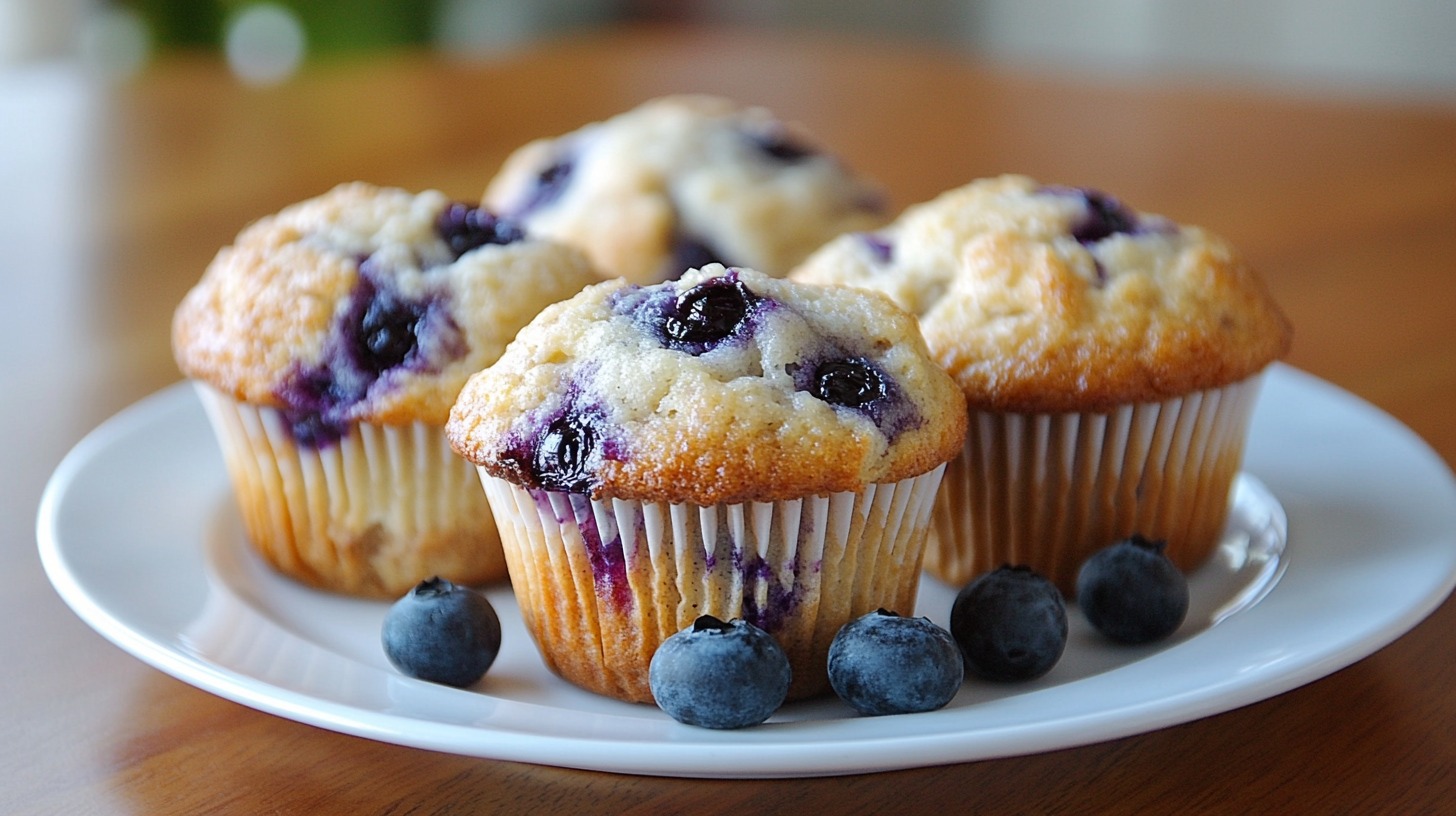 Plate of freshly baked blueberry muffins, with blueberries scattered around