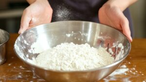 In a small bowl, sift together the flour, baking powder, and a pinch of salt. Set aside.