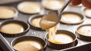 Using a spoon, fill each cavity of the madeleine pan about 3-4 full, spreading the batter evenly.