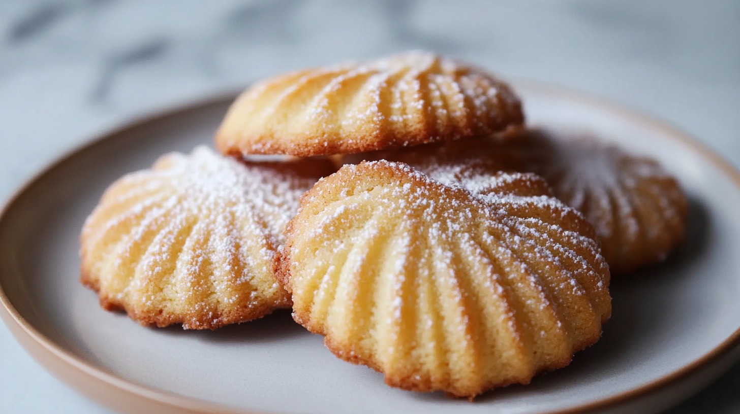 A close-up of perfectly baked madeleine cookies dusted with powdered sugar, presented on a plate, showcasing their signature shell shape and golden-brown color